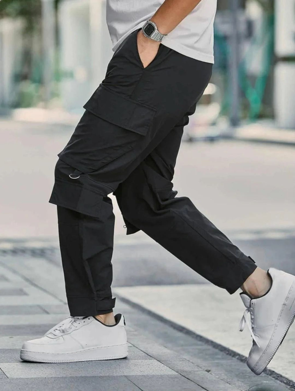 Black Cargo Pants with Knee Pockets